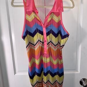 Multi coloured romper with pink collar